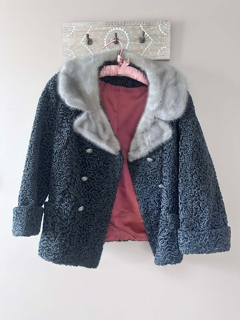 1950 Black Curly Persian Lamb Short Jacket Coat Mink Fur Collar Vintage